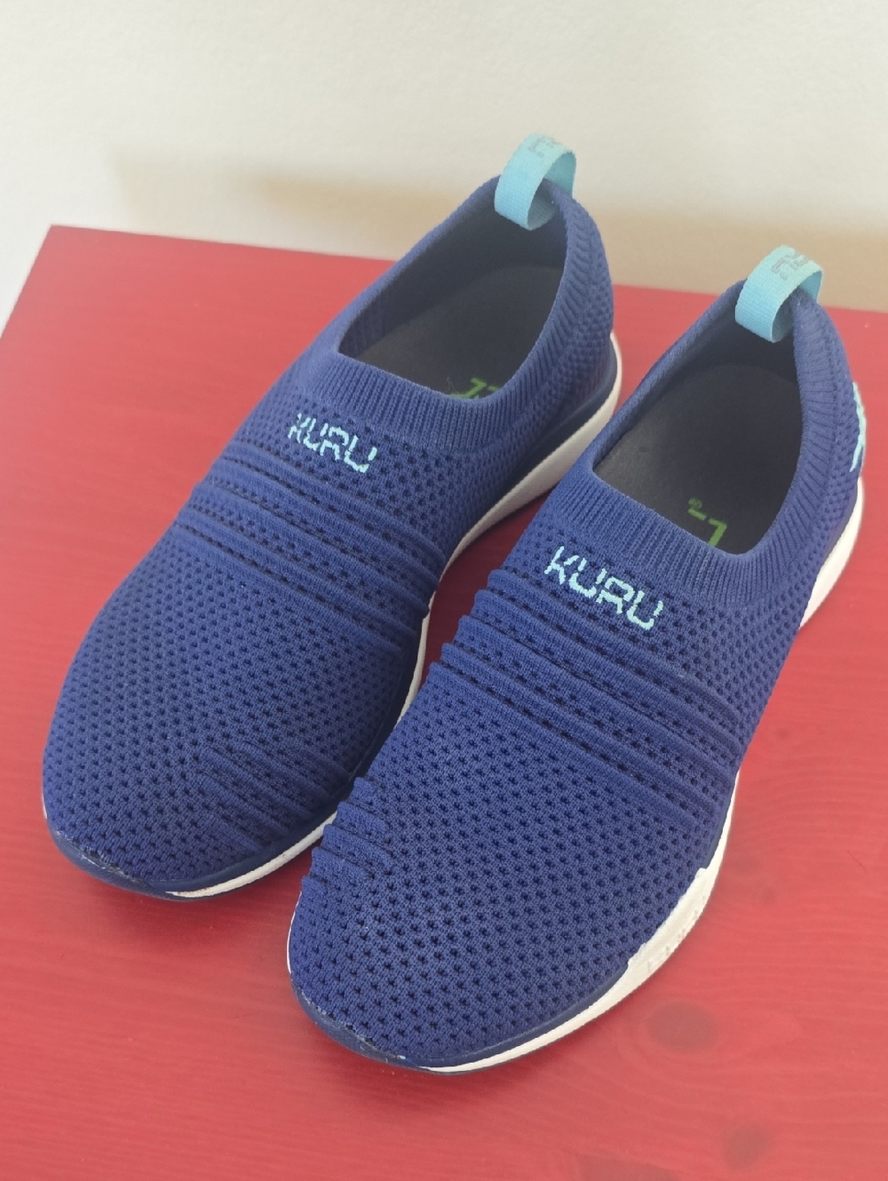 KURU Navy Knit STRIDE Slip-On Sneakers with Teal Pull Tabs Size 7
